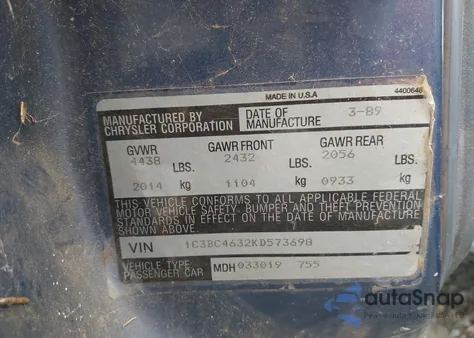 1989 Chrysler New Yorker C-Body z USA, uszkodzony, nr VIN 1C3BC4632KD573698